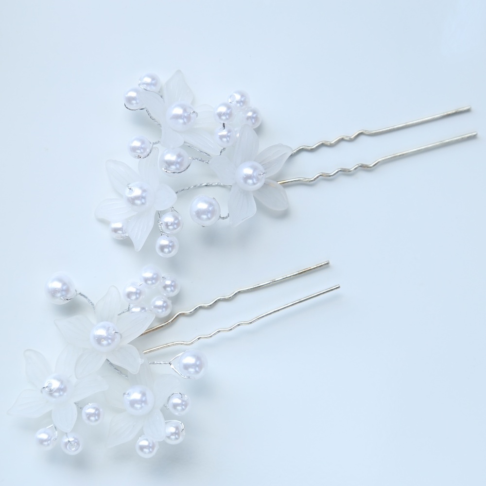 NWT WHITE PEARL FLOWER GOLD BRIDAL BUN HAIR CLIPS
